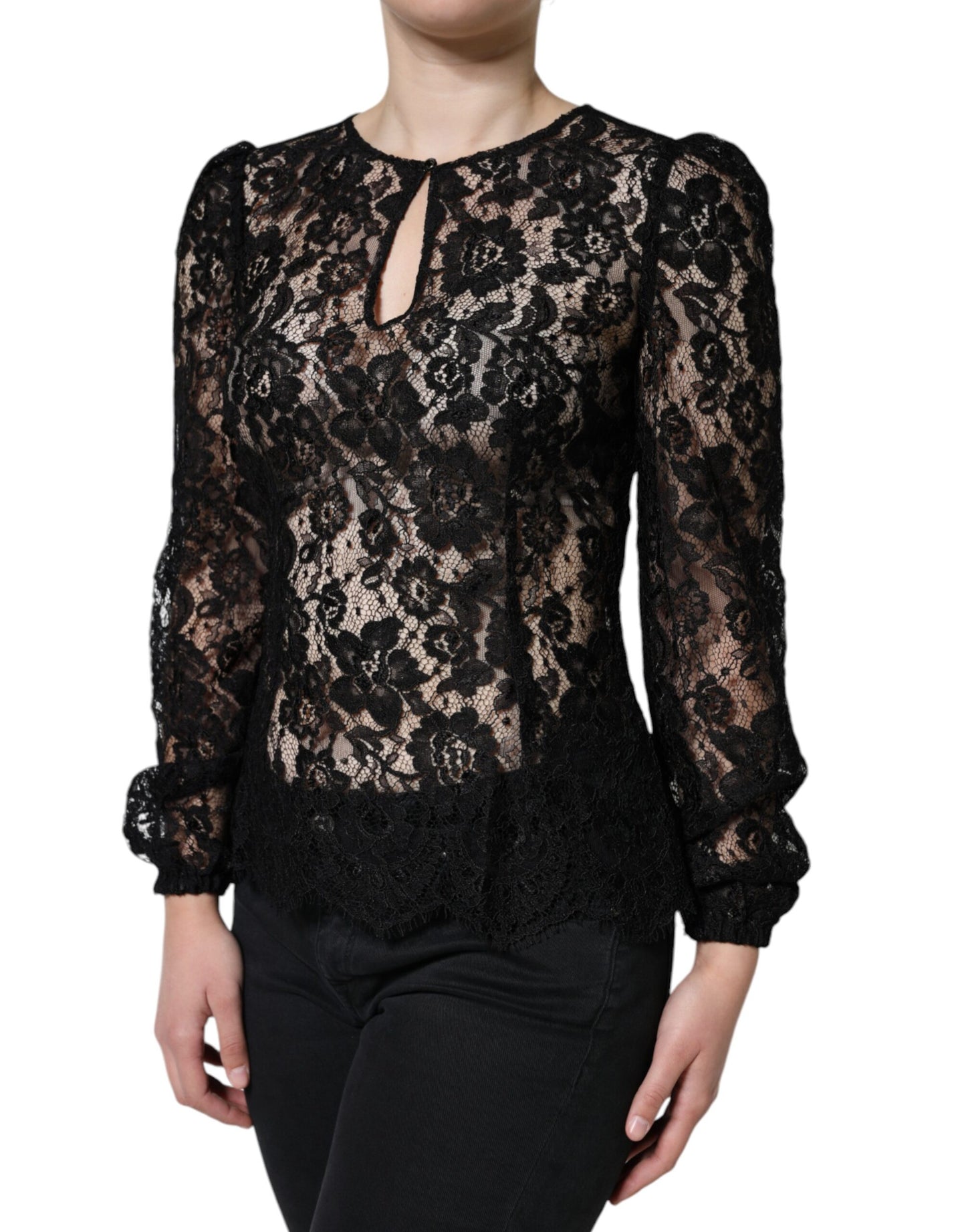 Dolce & Gabbana Black Floral Lace See Through Long Sleeve  Top IT40 / S