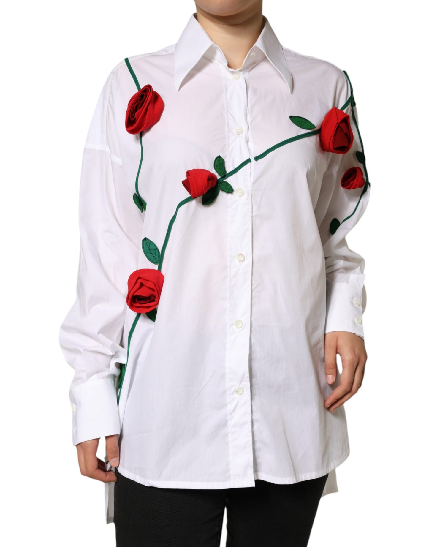 Dolce & Gabbana White Cotton Flower Applique Dress Shirt Top IT42 / M