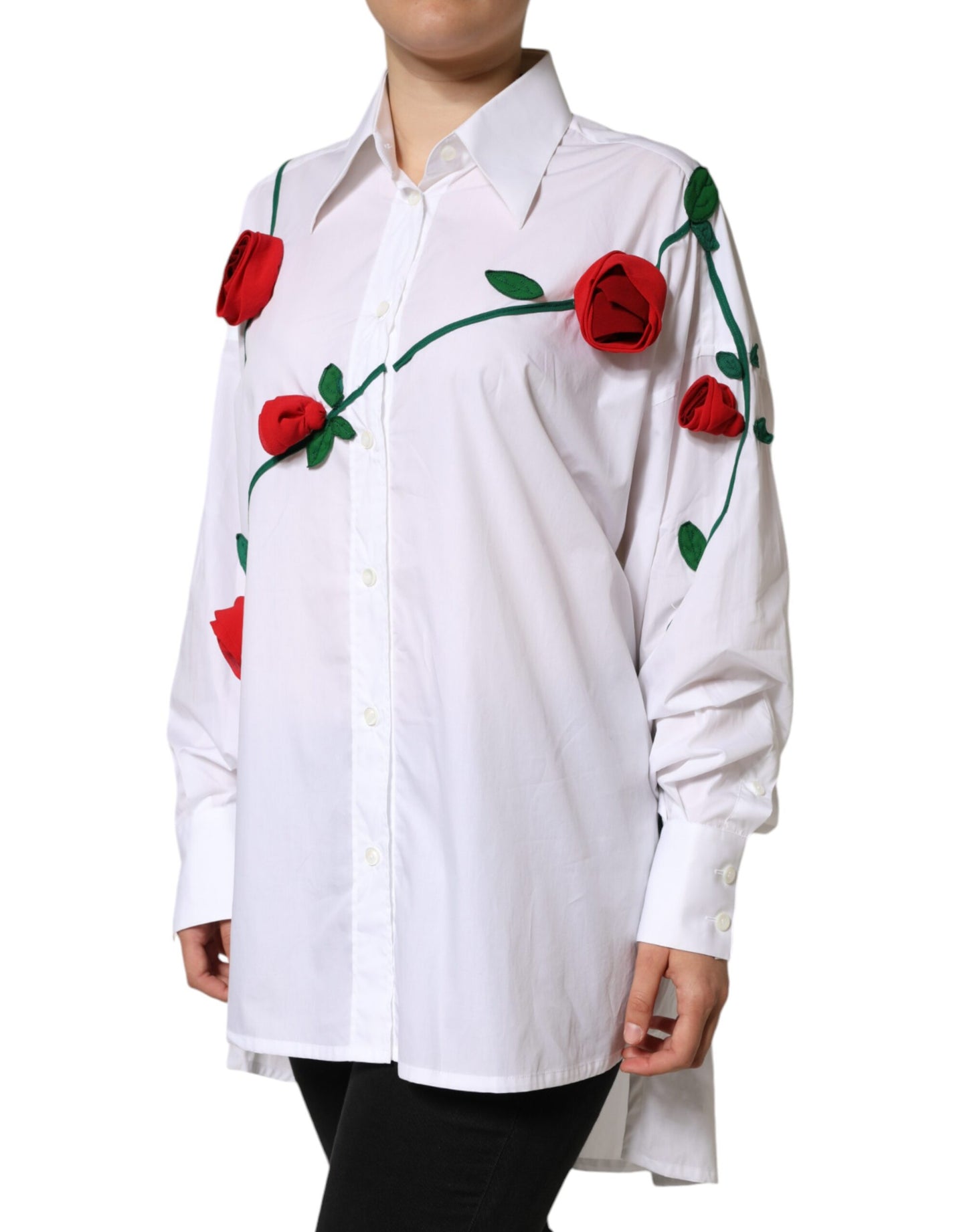 Dolce & Gabbana White Cotton Flower Applique Dress Shirt Top IT42 / M