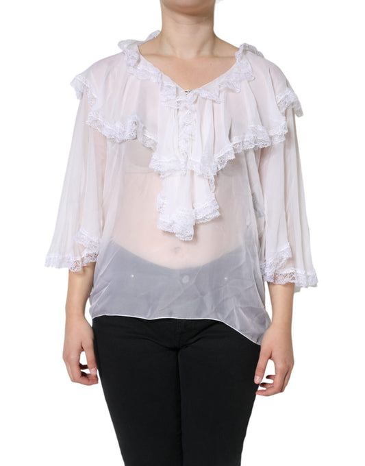 Dolce & Gabbana White Ruffles Lace Long Sleeve Blouse Top IT44 / L