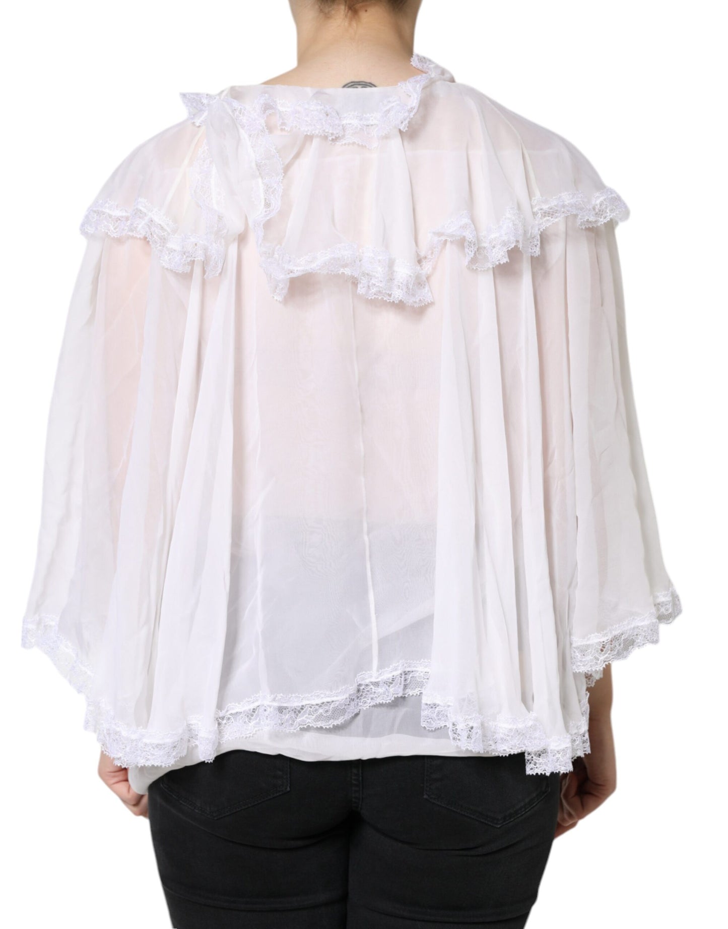 Dolce & Gabbana White Ruffles Lace Long Sleeve Blouse Top IT44 / L