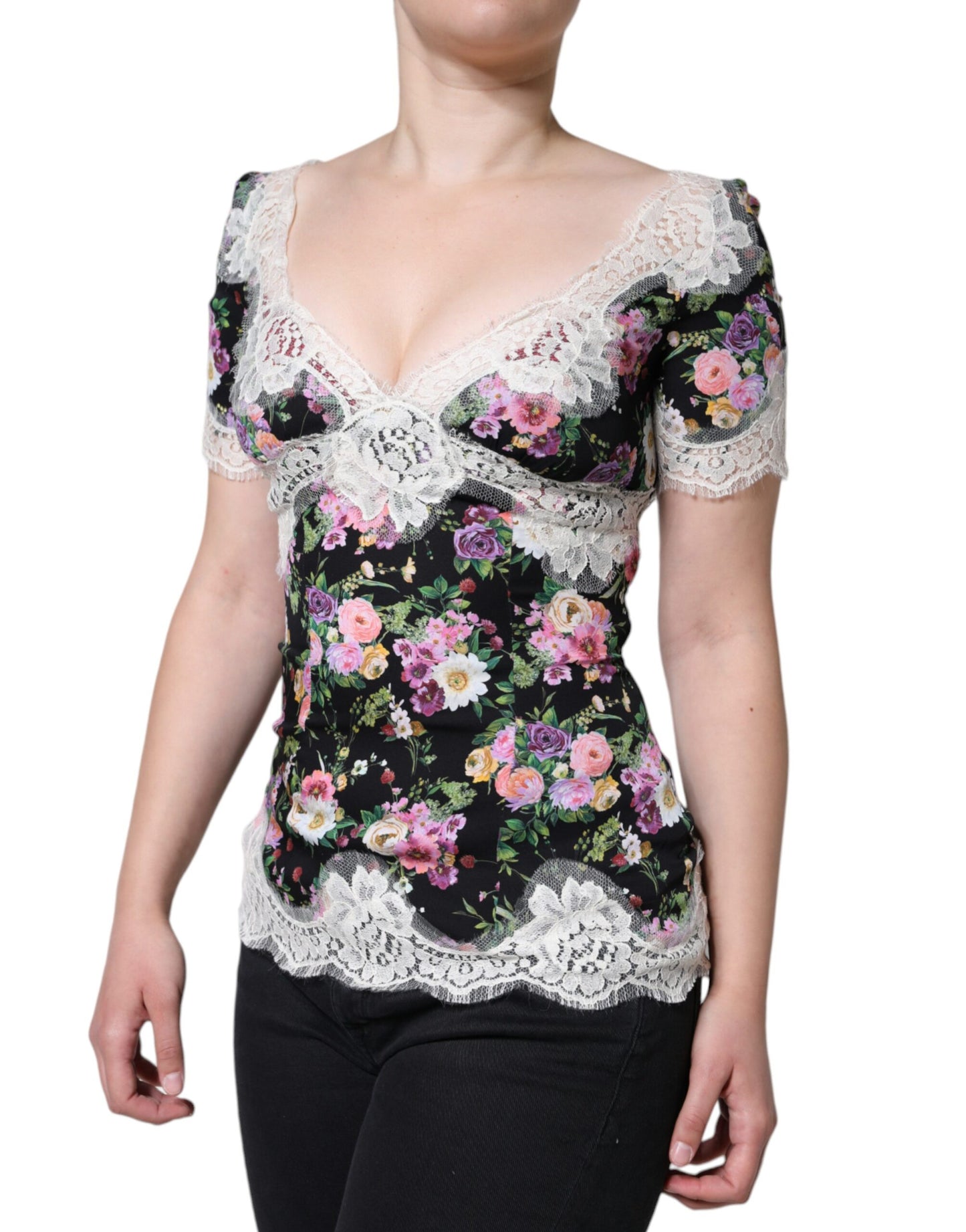 Dolce & Gabbana Black Floral Lace Short Sleeves Blouse Top IT40 / S