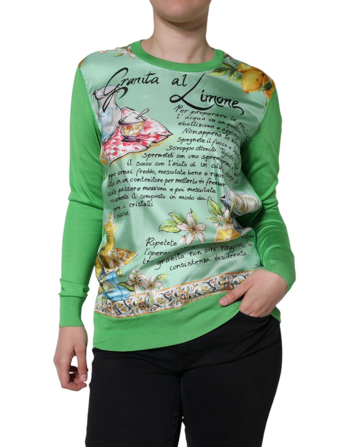 Dolce & Gabbana Green Silk Granita Al Limone Long Sleeves Sweater IT44 / L