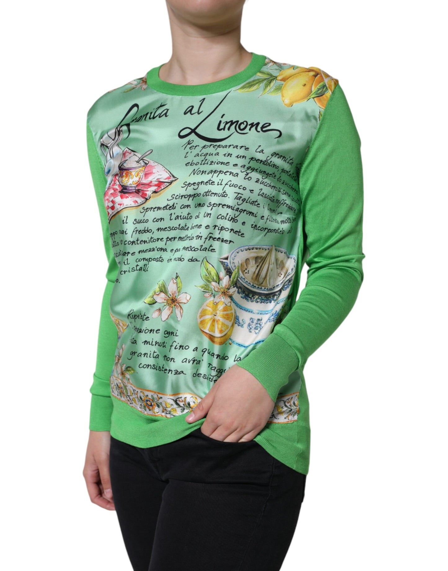 Dolce & Gabbana Green Silk Granita Al Limone Long Sleeves Sweater IT44 / L