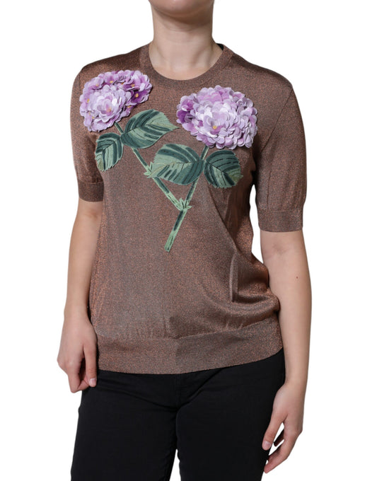 Dolce & Gabbana Brown Floral Applique Viscose Short Sleeve Top IT42 / M