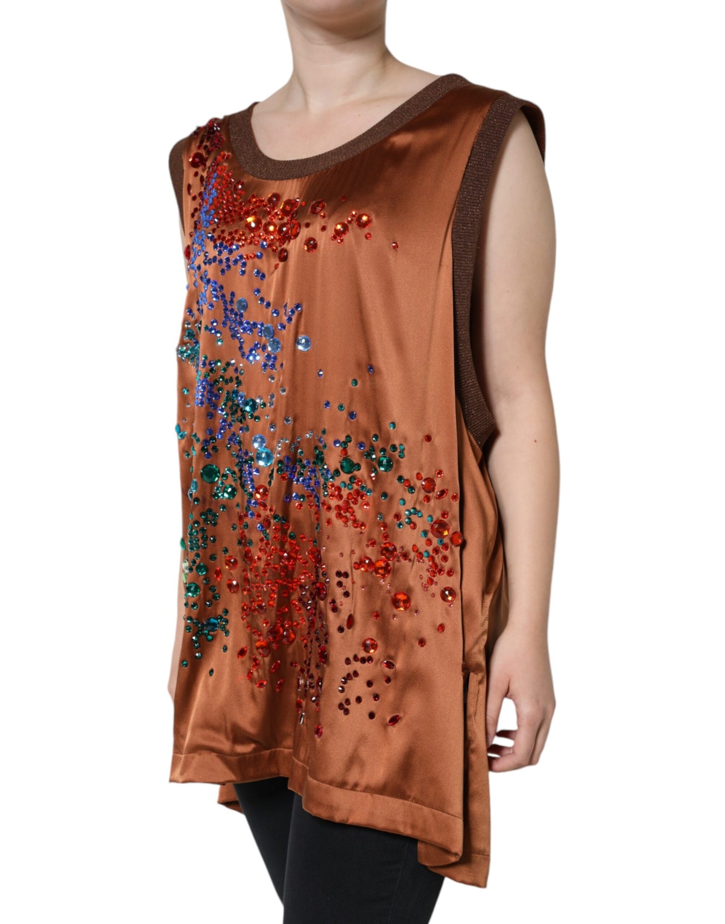 Dolce & Gabbana Brown Crystal Embellished Sleeveless Tank Top IT46 / XL