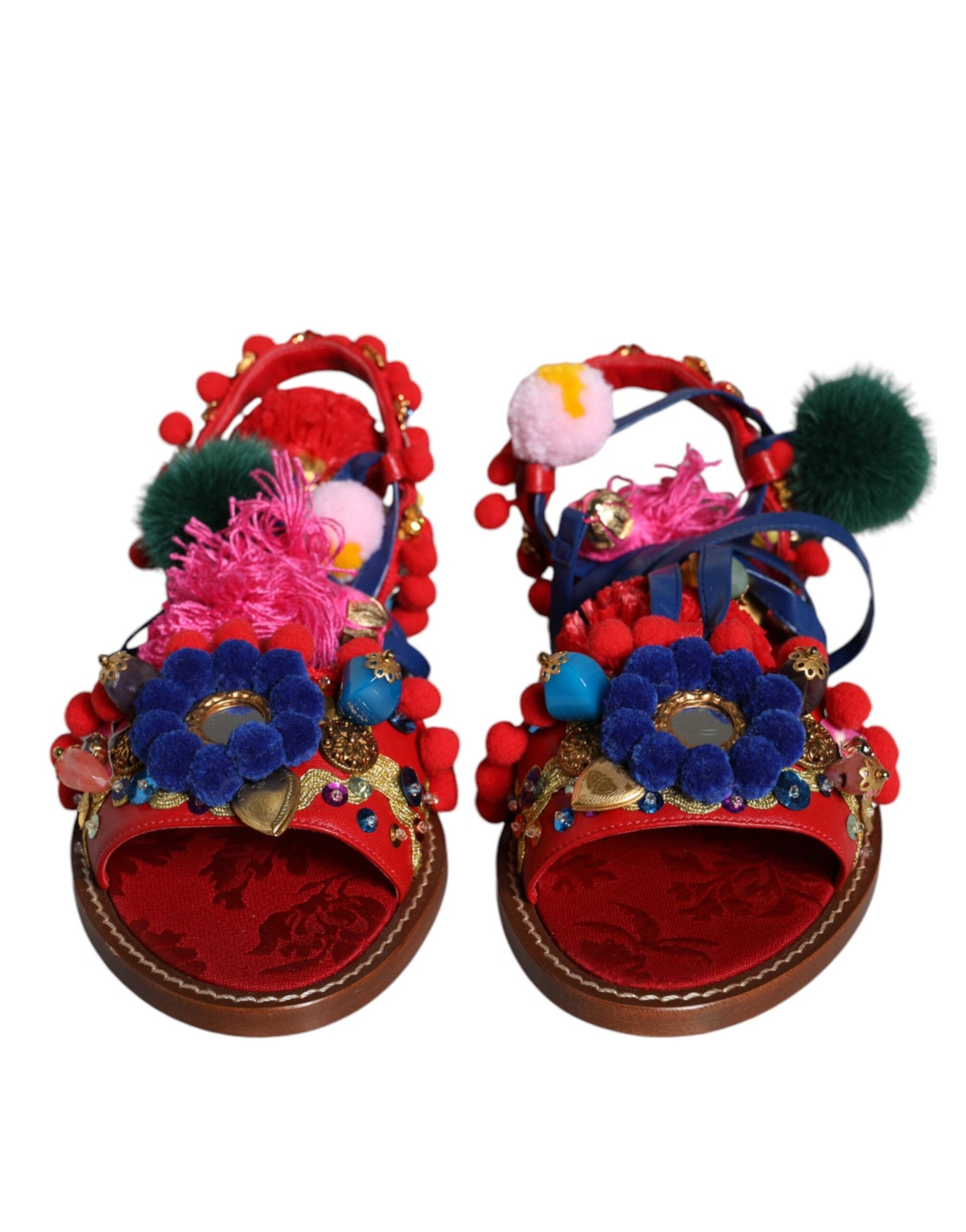 Dolce & Gabbana Multicolor Pom Pom Fur Wrap Sandals Shoes EU38 / US8