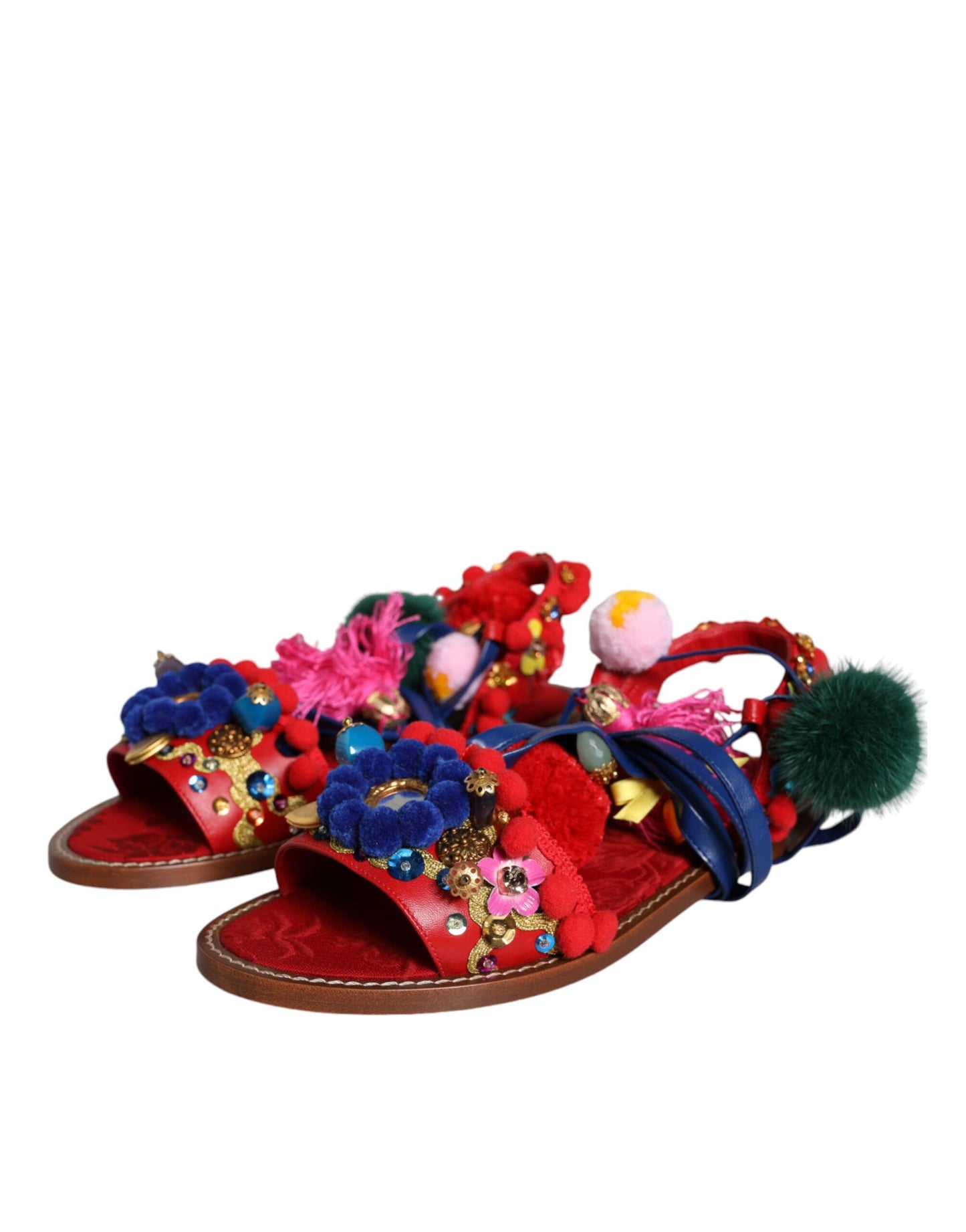 Dolce & Gabbana Multicolor Pom Pom Fur Wrap Sandals Shoes EU38 / US8