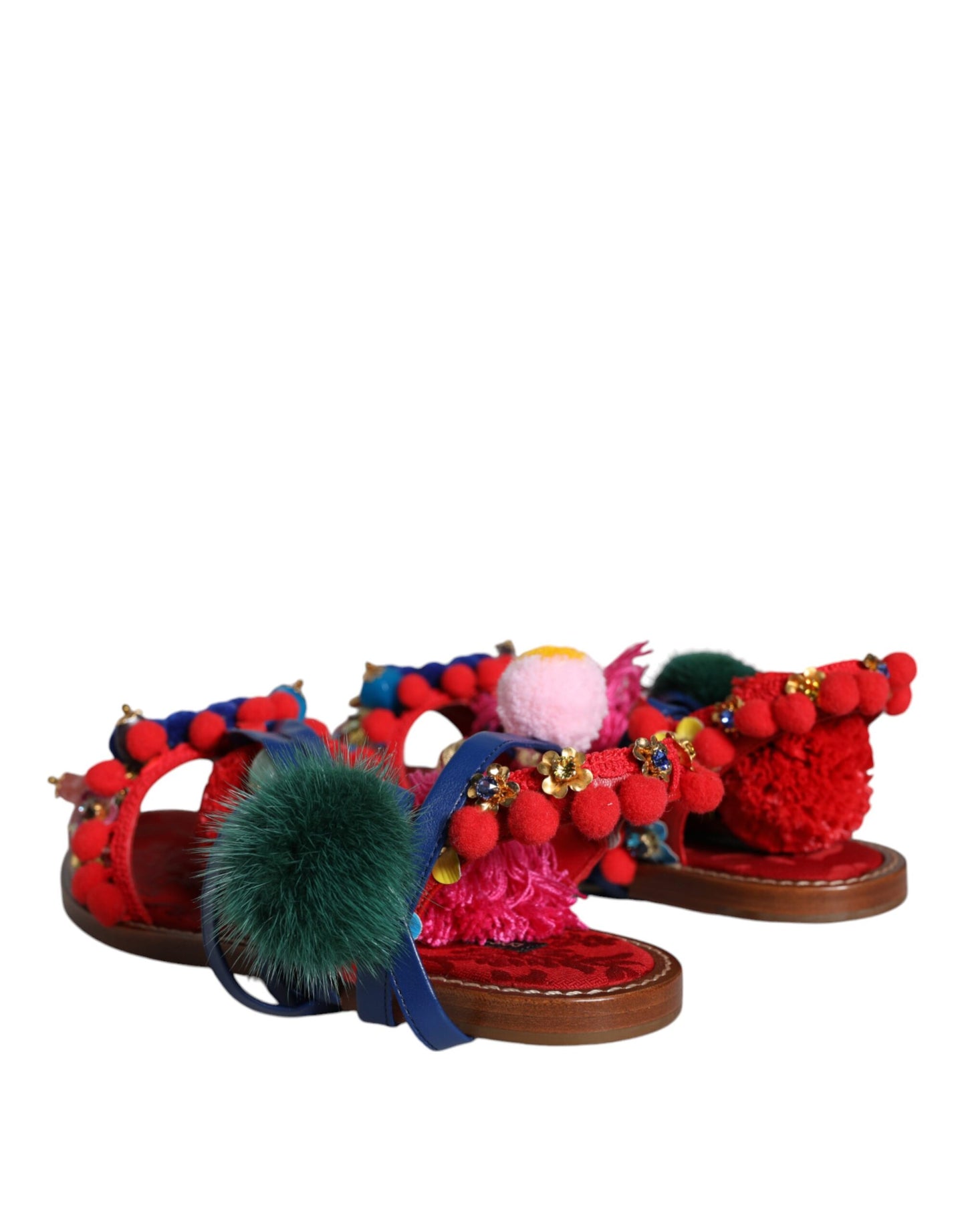 Dolce & Gabbana Multicolor Pom Pom Fur Wrap Sandals Shoes EU38 / US8