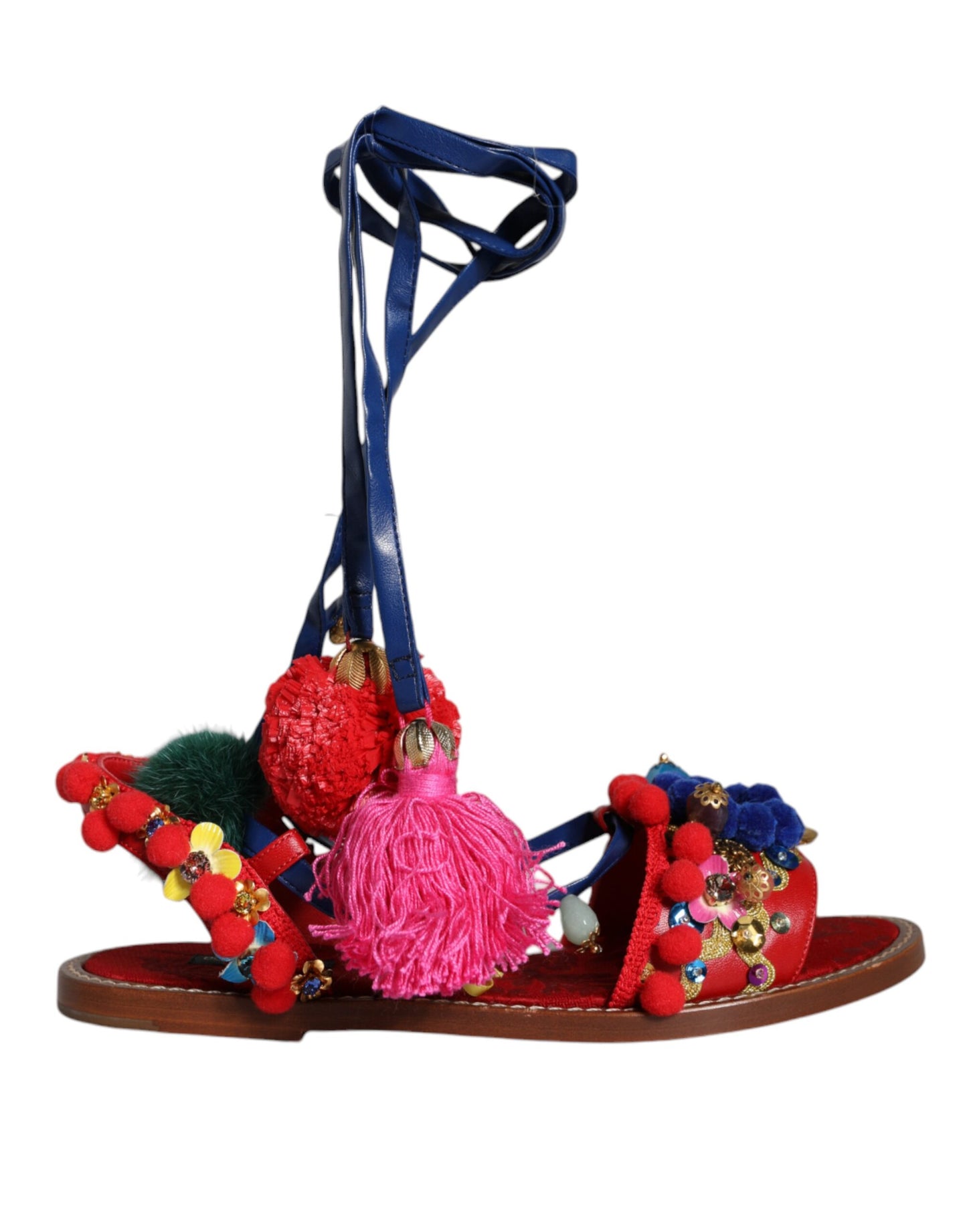 Dolce & Gabbana Multicolor Pom Pom Fur Wrap Sandals Shoes EU38 / US8