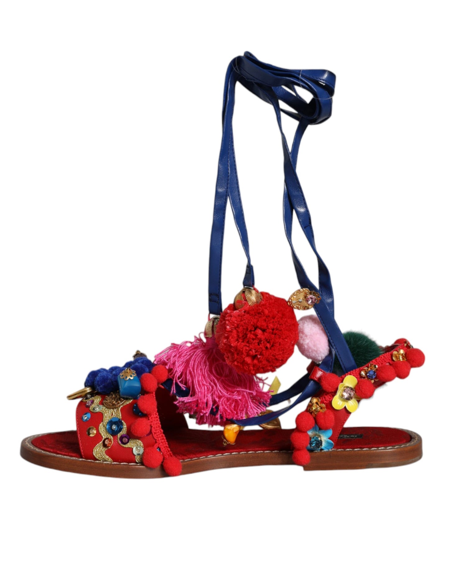 Dolce & Gabbana Multicolor Pom Pom Fur Wrap Sandals Shoes EU38 / US8