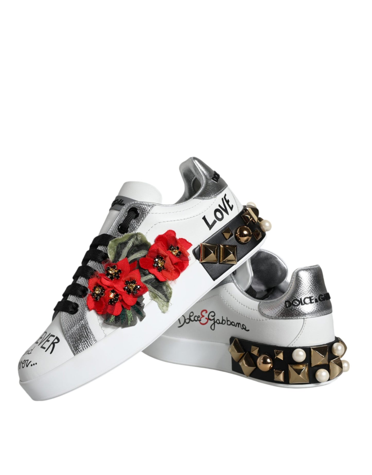 Dolce & Gabbana White Leather Floral Studded Sneakers  Shoes EU35 / US5