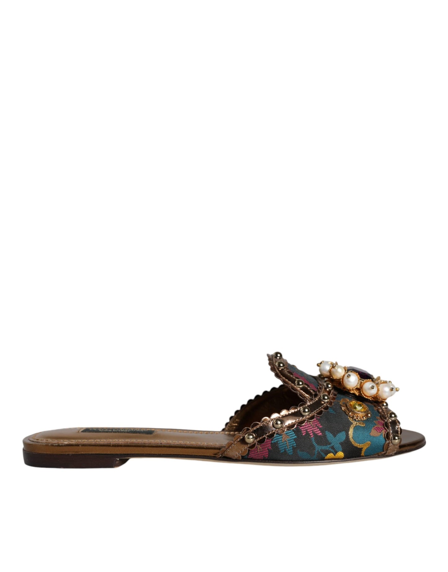 Dolce & Gabbana Multicolor Jacquard Embellished Slides Flats Shoes EU37 / US7