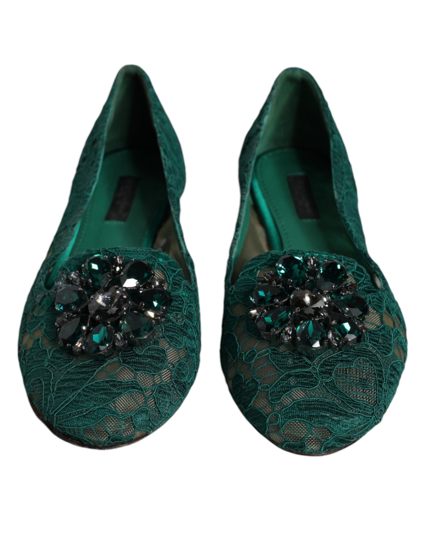 Dolce & Gabbana Green Lace Crystal Ballet Flats Loafers Shoes EU37.5 / US7.5