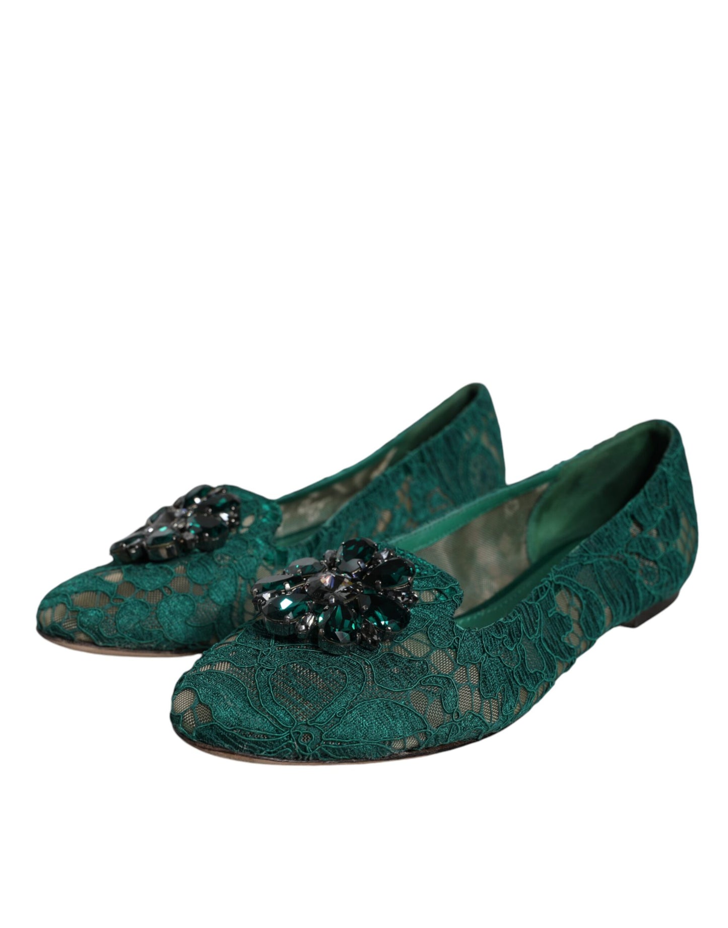 Dolce & Gabbana Green Lace Crystal Ballet Flats Loafers Shoes EU37.5 / US7.5