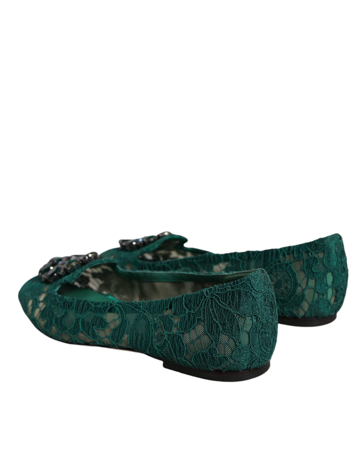 Dolce & Gabbana Green Lace Crystal Ballet Flats Loafers Shoes EU37.5 / US7.5