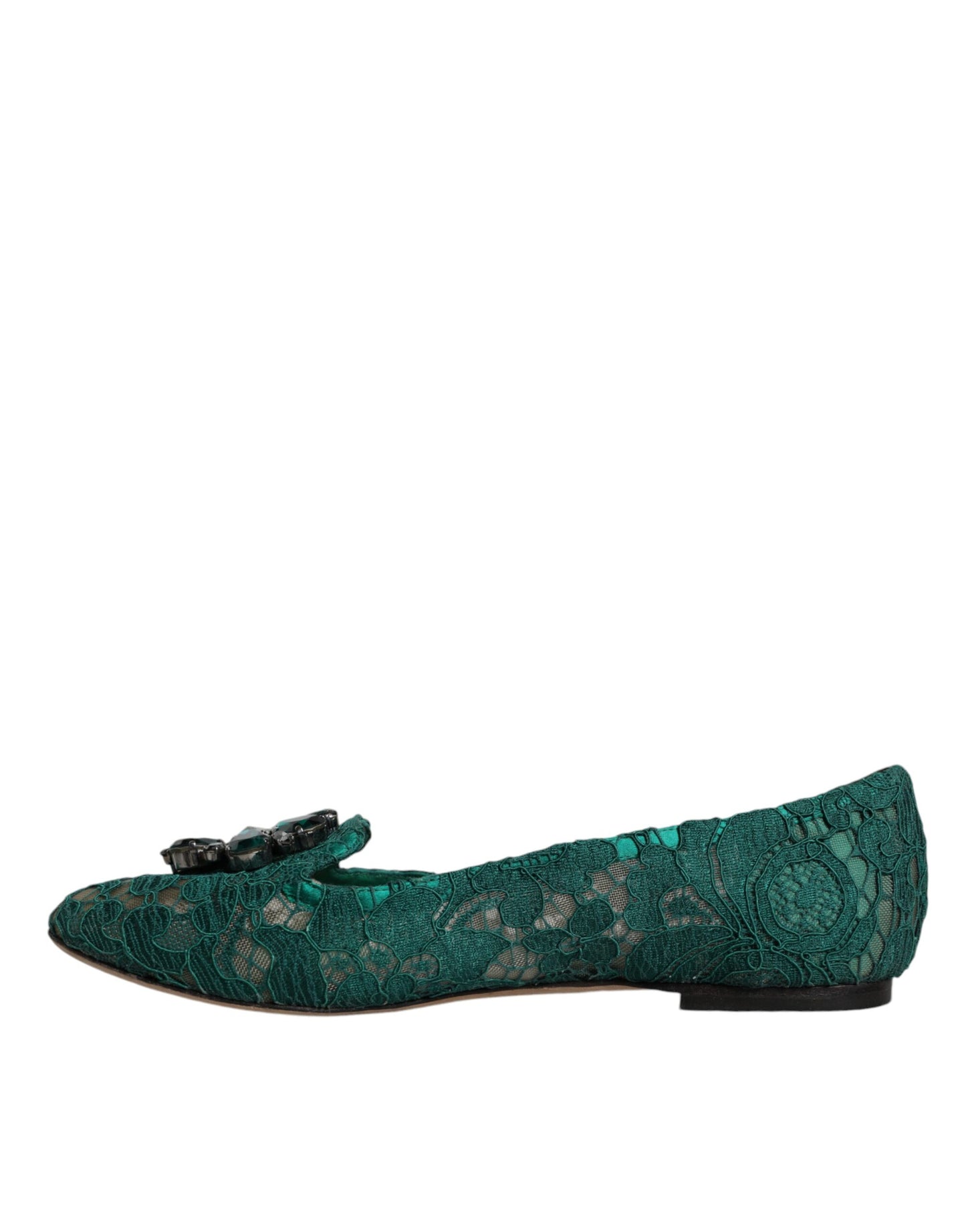 Dolce & Gabbana Green Lace Crystal Ballet Flats Loafers Shoes EU37.5 / US7.5