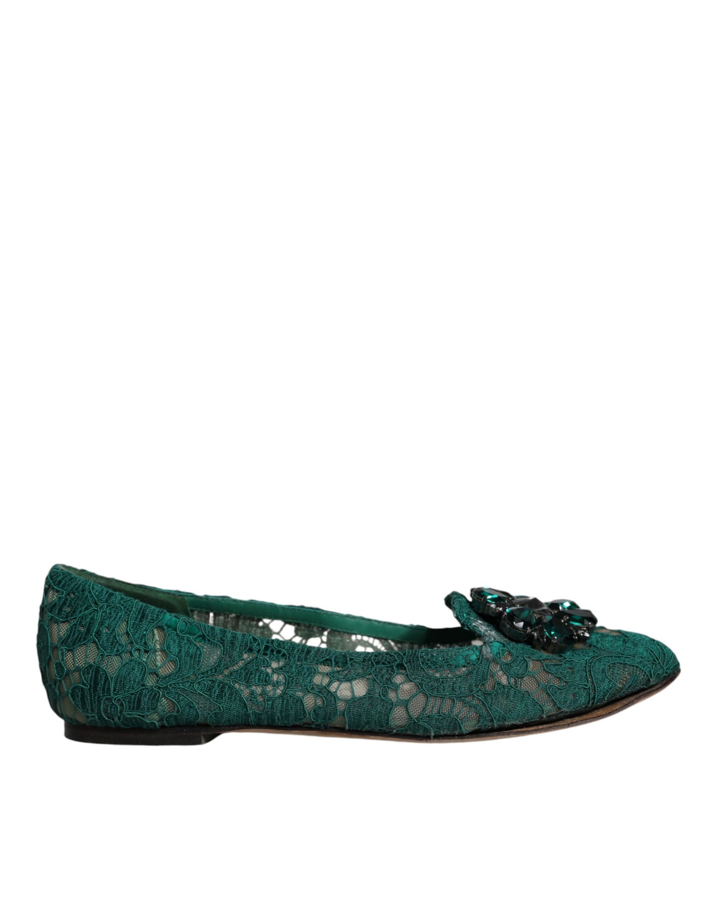 Dolce & Gabbana Green Lace Crystal Ballet Flats Loafers Shoes EU37.5 / US7.5