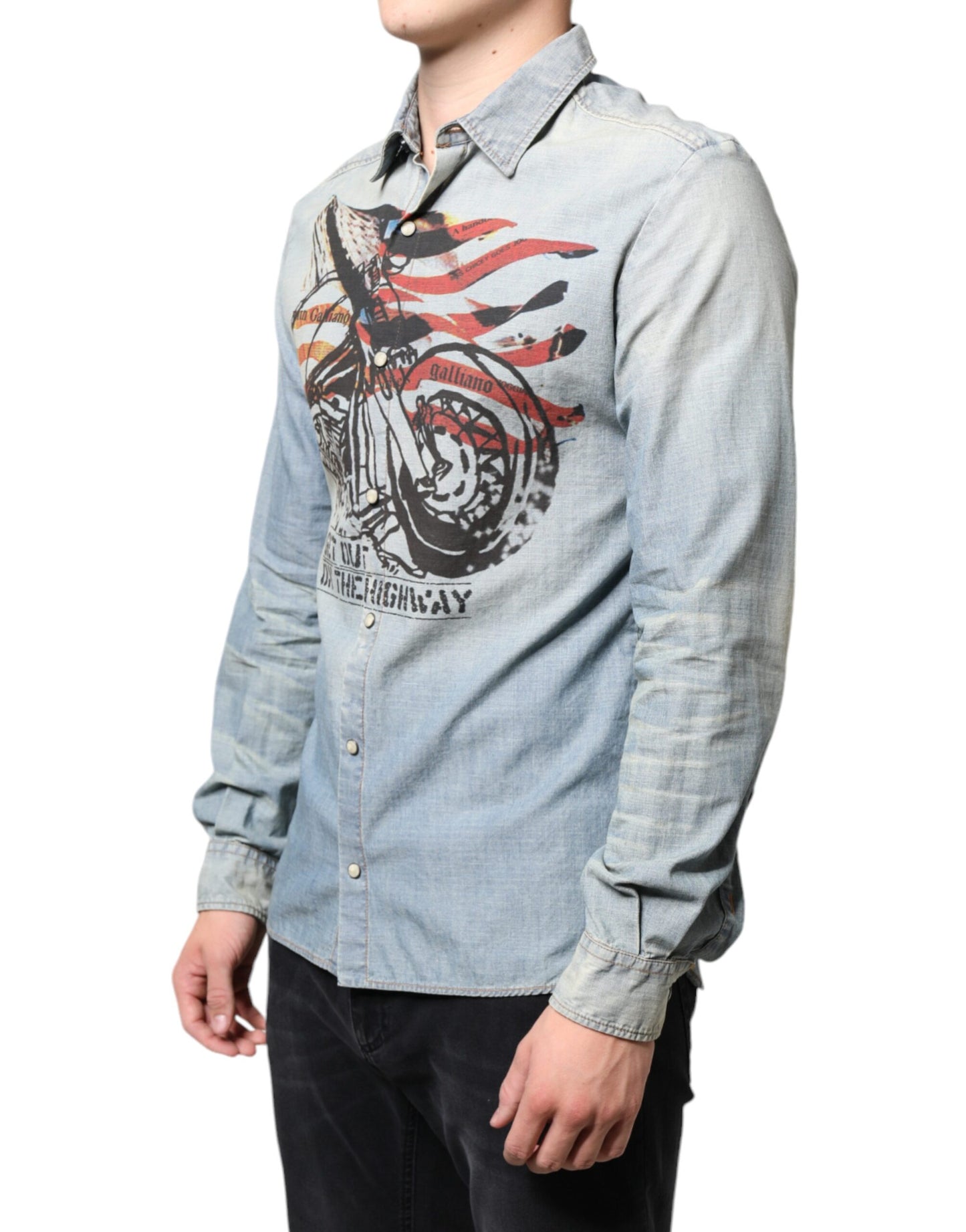 John Galliano Light Blue Printed Cotton Denim Long Sleeves Shirt IT38 | XS