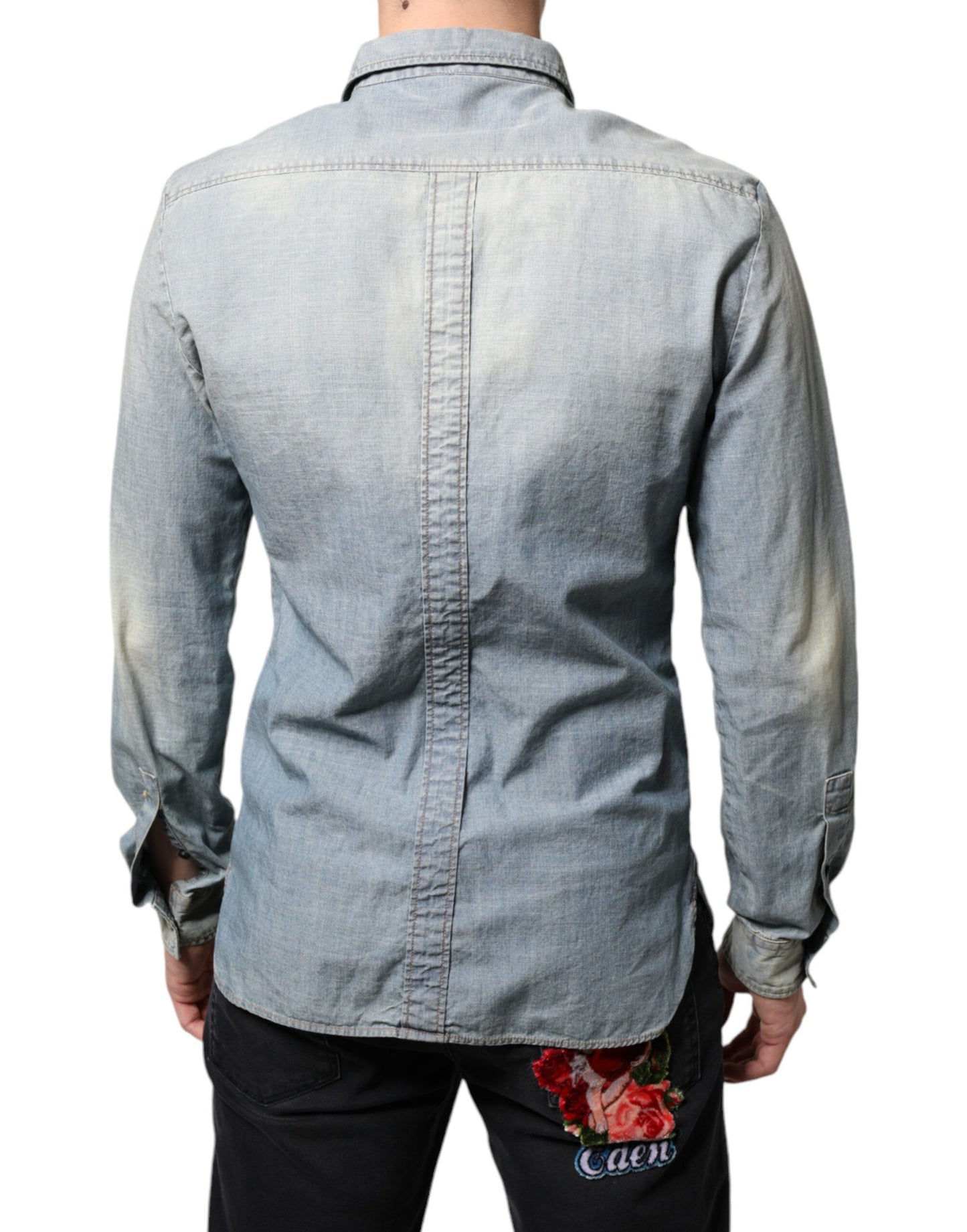 John Galliano Light Blue Printed Cotton Denim Long Sleeves Shirt IT38 | XS