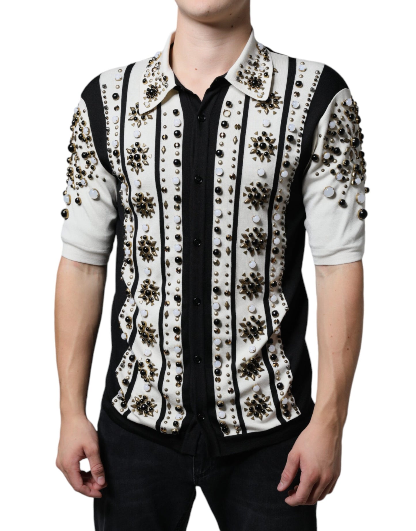 Dolce & Gabbana White Black Silk Studded Stone Crystal Shirt IT48 / M