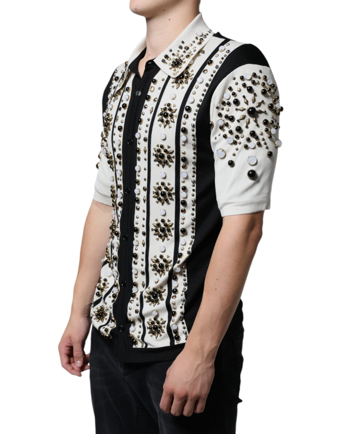 Dolce & Gabbana White Black Silk Studded Stone Crystal Shirt IT48 / M