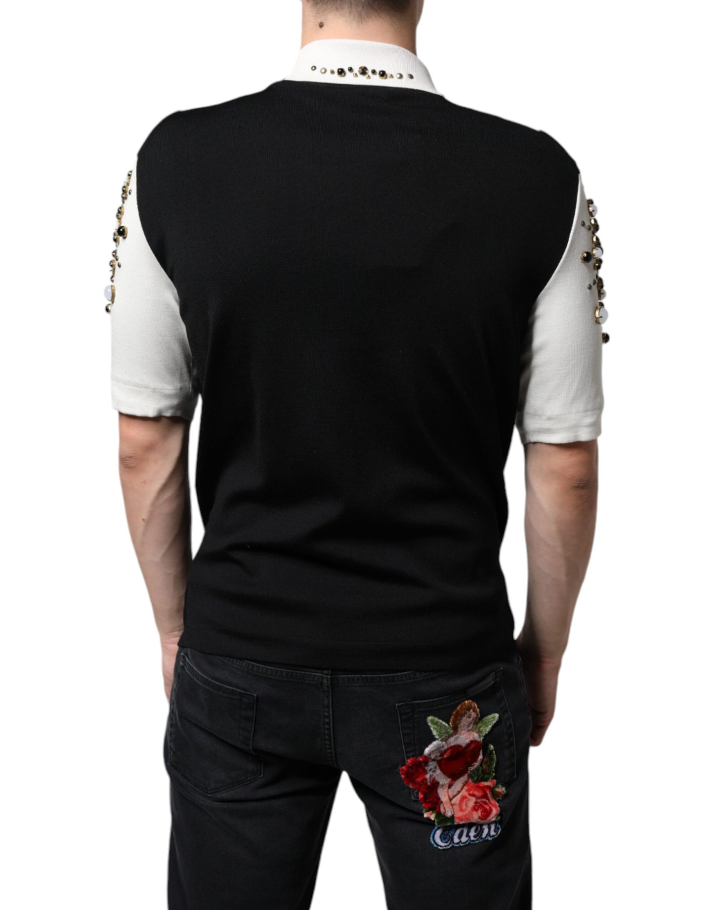 Dolce & Gabbana White Black Silk Studded Stone Crystal Shirt IT48 / M