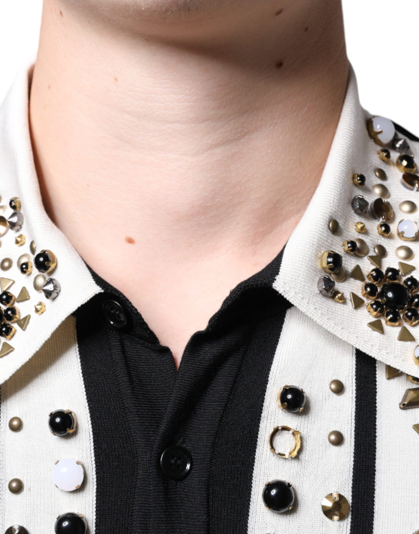 Dolce & Gabbana White Black Silk Studded Stone Crystal Shirt IT48 / M