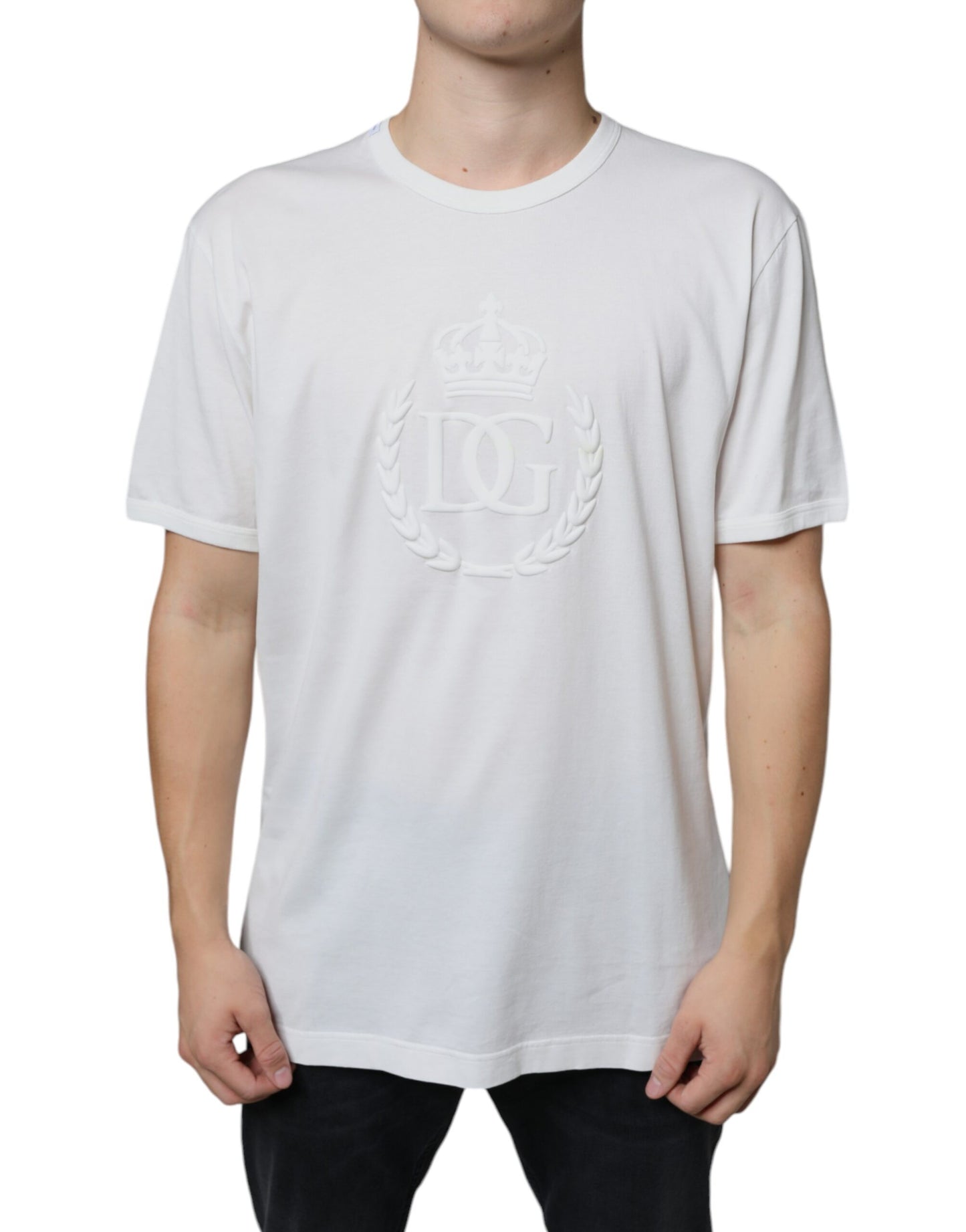 Dolce & Gabbana White Logo Embossed Cotton Crewneck T-shirt