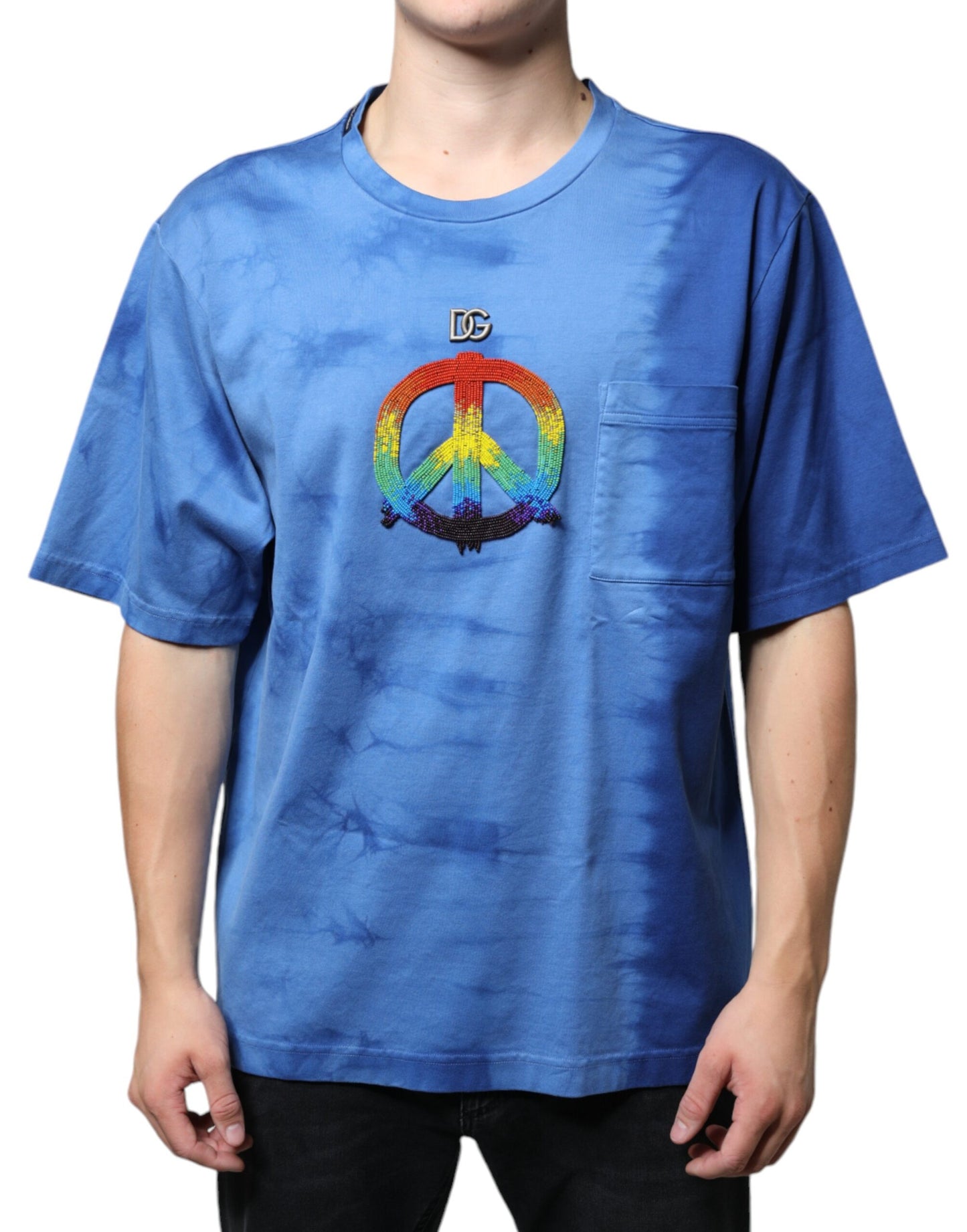 Dolce & Gabbana Blue Tie-Dye Peace Sign Cotton T-shirt IT52 / XL