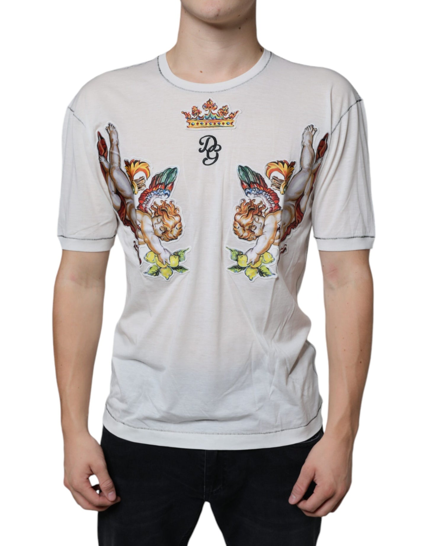 Dolce & Gabbana White Angel Crown Print Crew Neck T-shirt IT46 / S