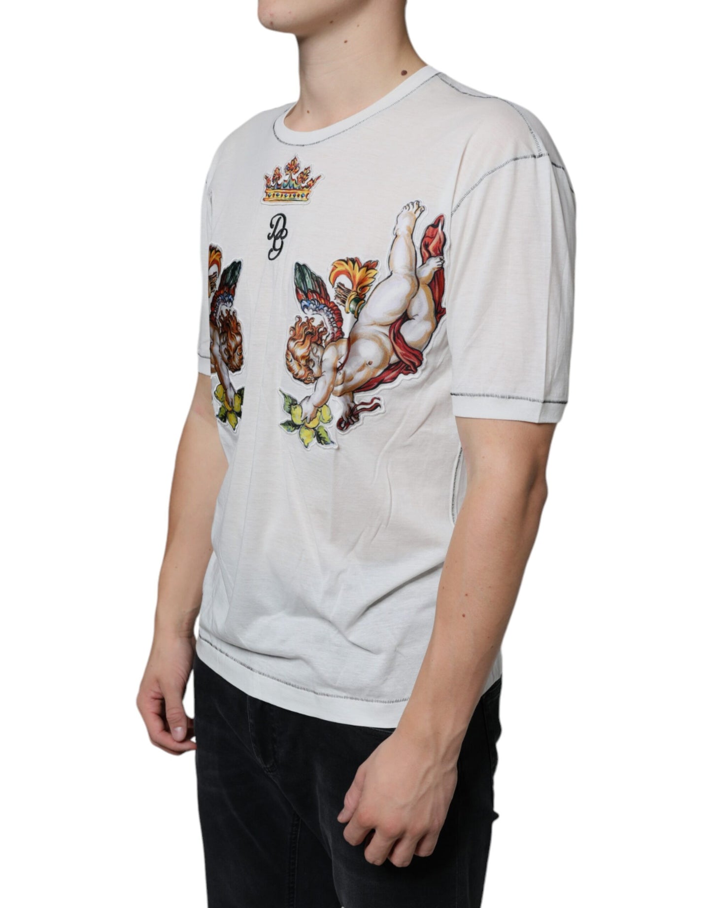 Dolce & Gabbana White Angel Crown Print Crew Neck T-shirt IT46 / S