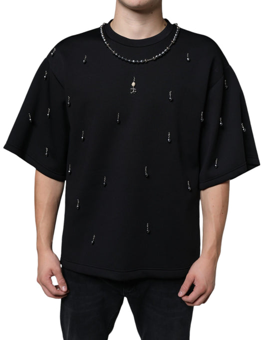 Dolce & Gabbana Black Polyester Necklace Embellished T-shirt IT48 / M