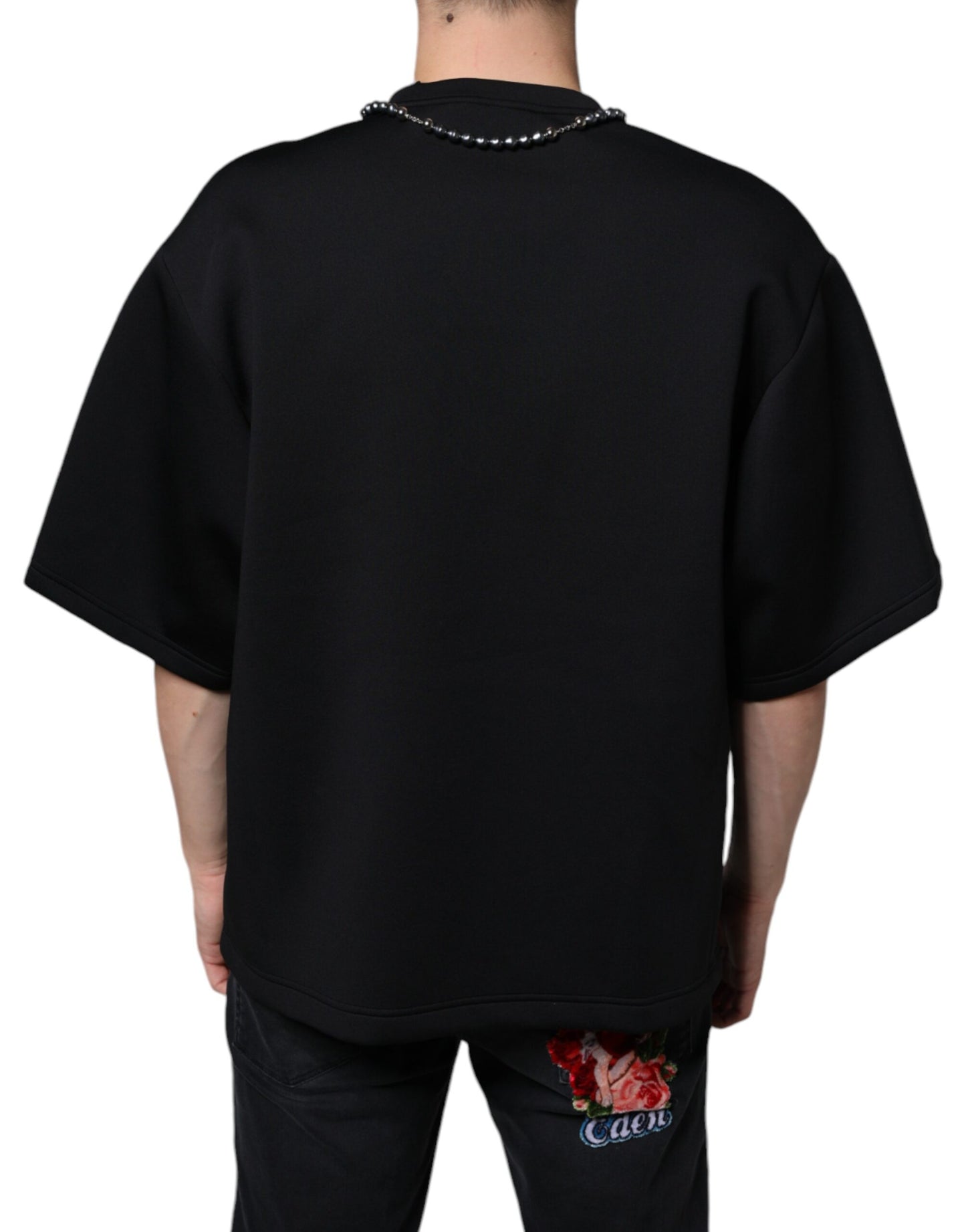 Dolce & Gabbana Black Polyester Necklace Embellished T-shirt IT48 / M