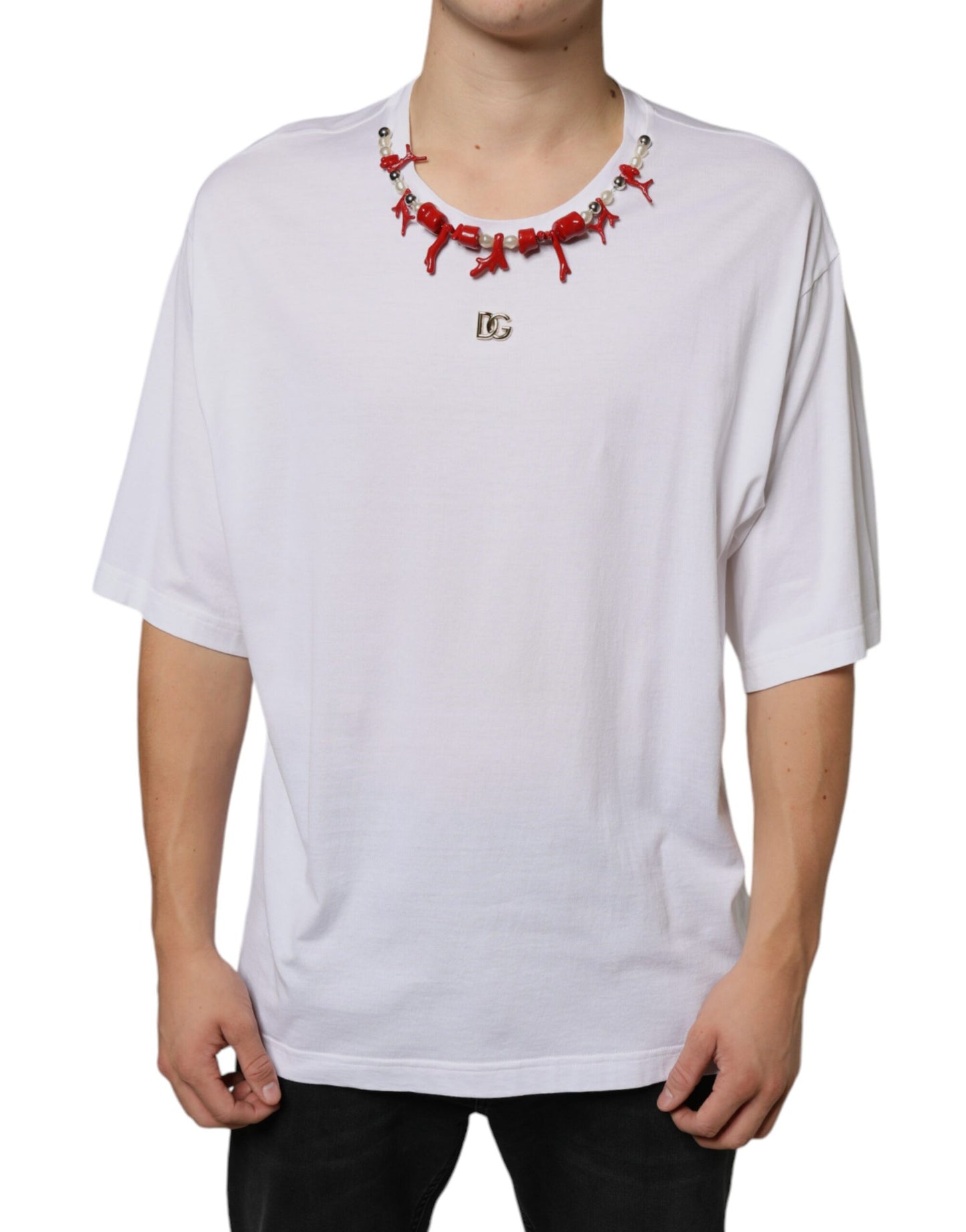 Dolce & Gabbana White Cotton Necklace Embellished T-shirt IT58 / 3XL