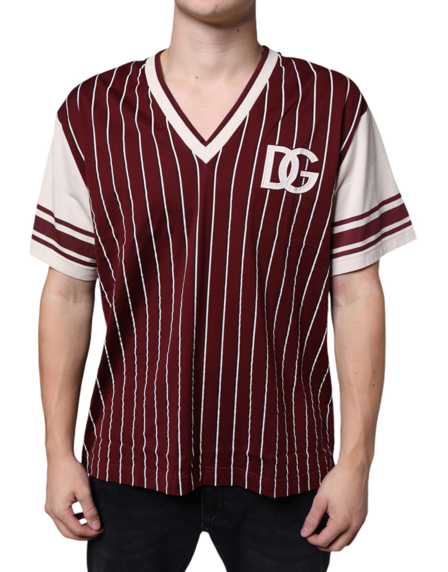 Dolce & Gabbana Maroon Stripes Cotton Logo V-neck T-shirt IT50 / L