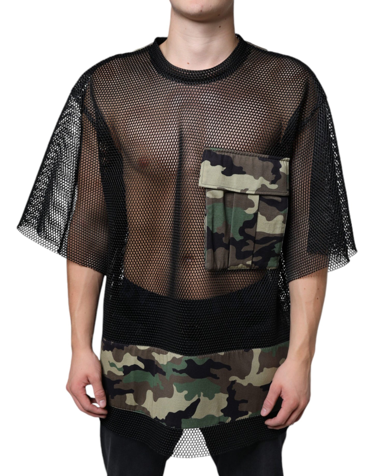 Dolce & Gabbana Black Mesh Camouflage Short Sleeves T-shirt IT52 / XL