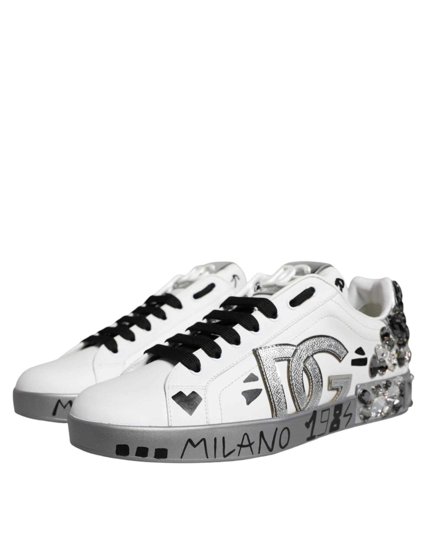 Dolce & Gabbana White Silver Crystal Logo Portofino Sneakers Shoes EU44 / US11