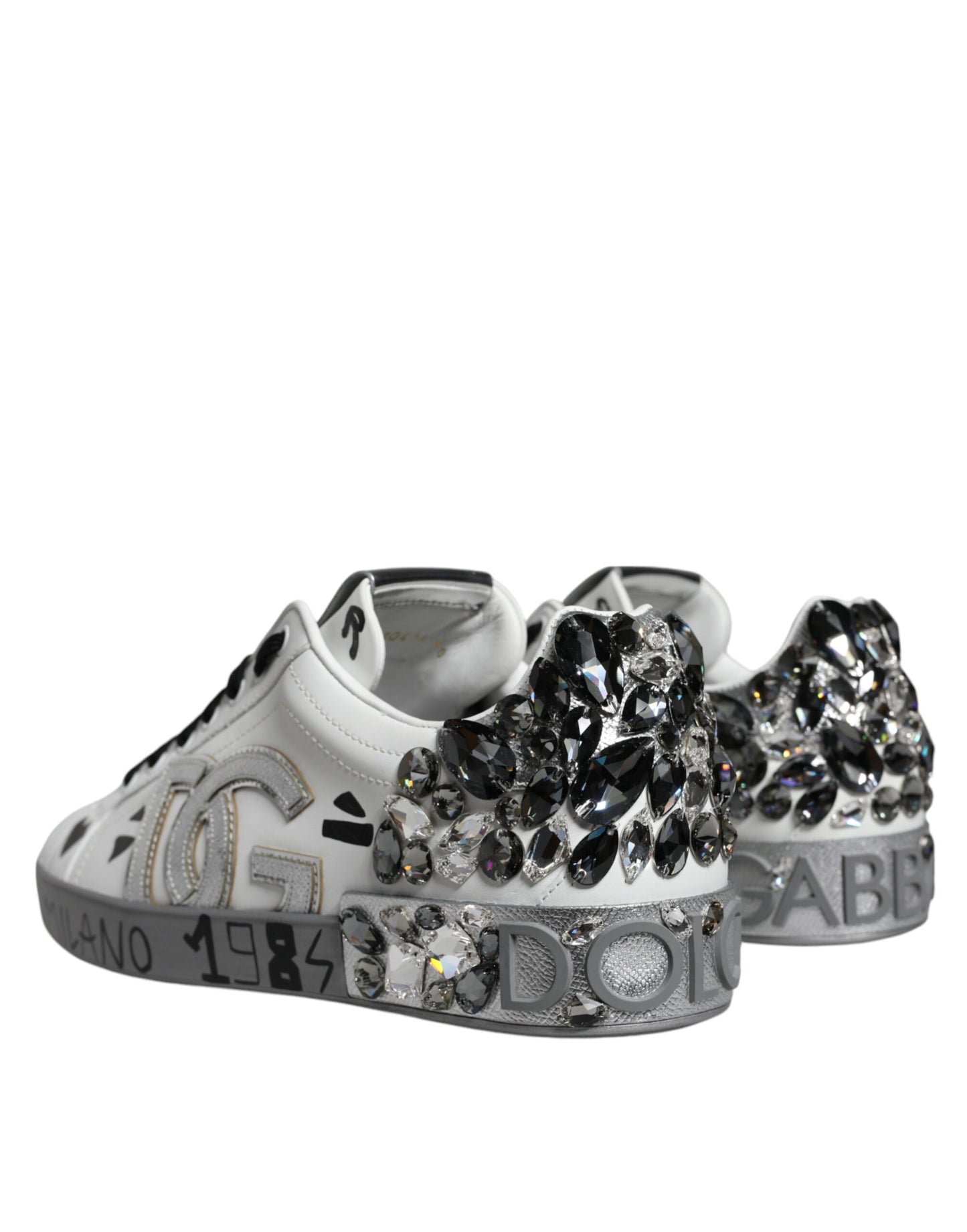 Dolce & Gabbana White Silver Crystal Logo Portofino Sneakers Shoes EU44 / US11