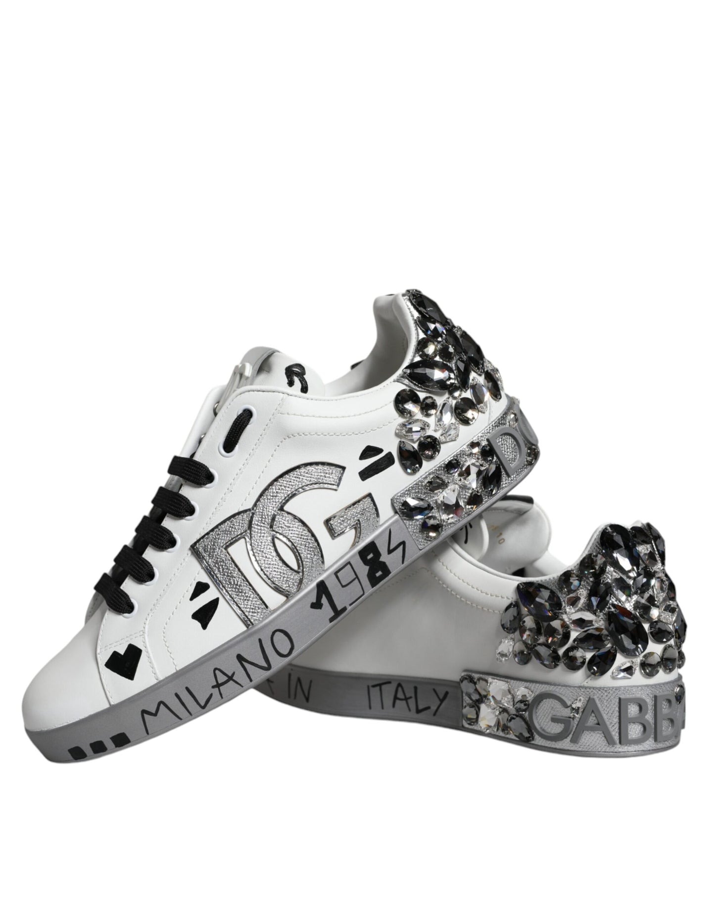 Dolce & Gabbana White Silver Crystal Logo Portofino Sneakers Shoes EU44 / US11