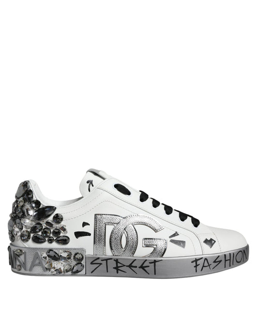 Dolce & Gabbana White Silver Crystal Logo Portofino Sneakers Shoes EU44 / US11