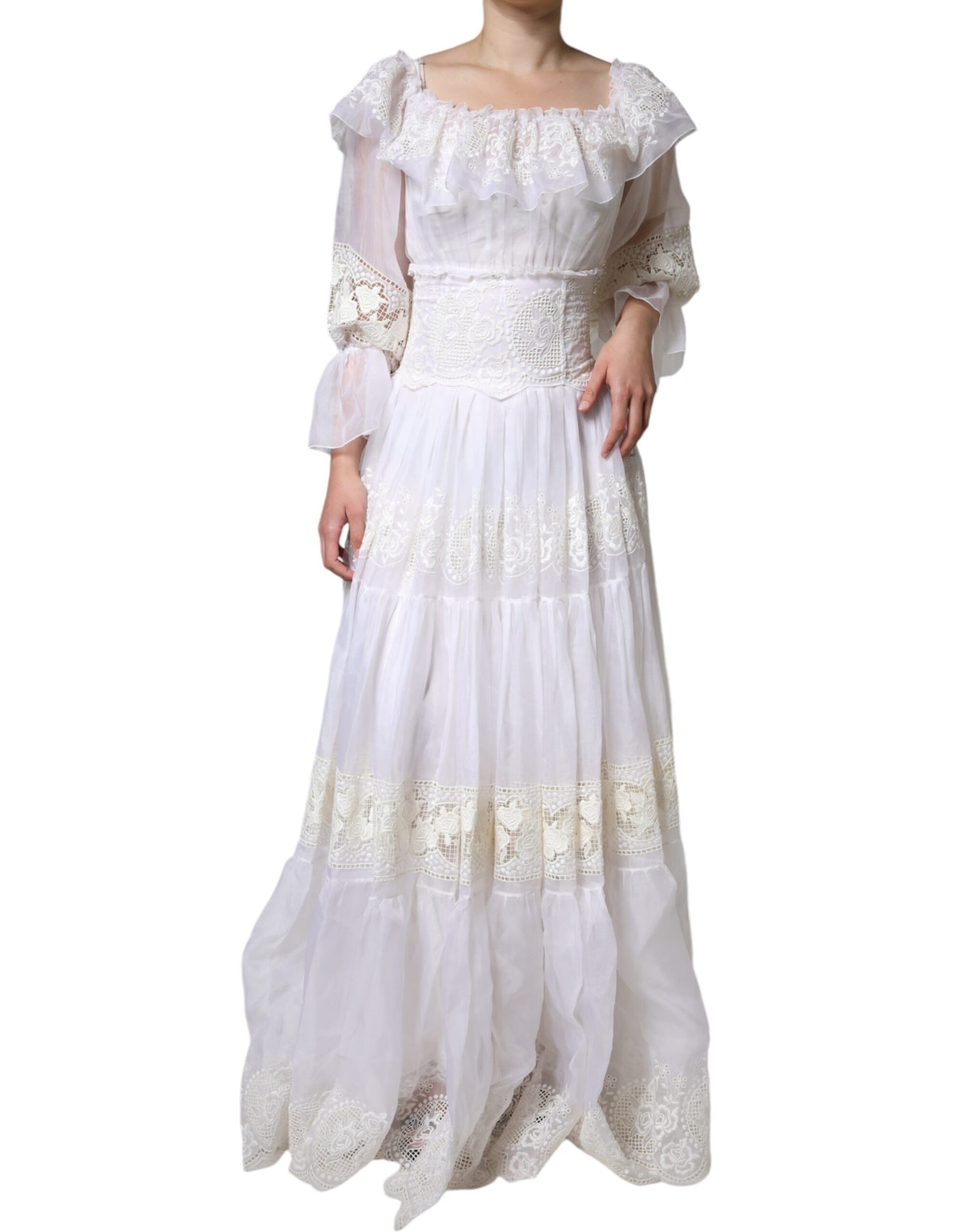 Dolce & Gabbana White Floral Lace Corset Cotton Maxi Dress IT40 | S