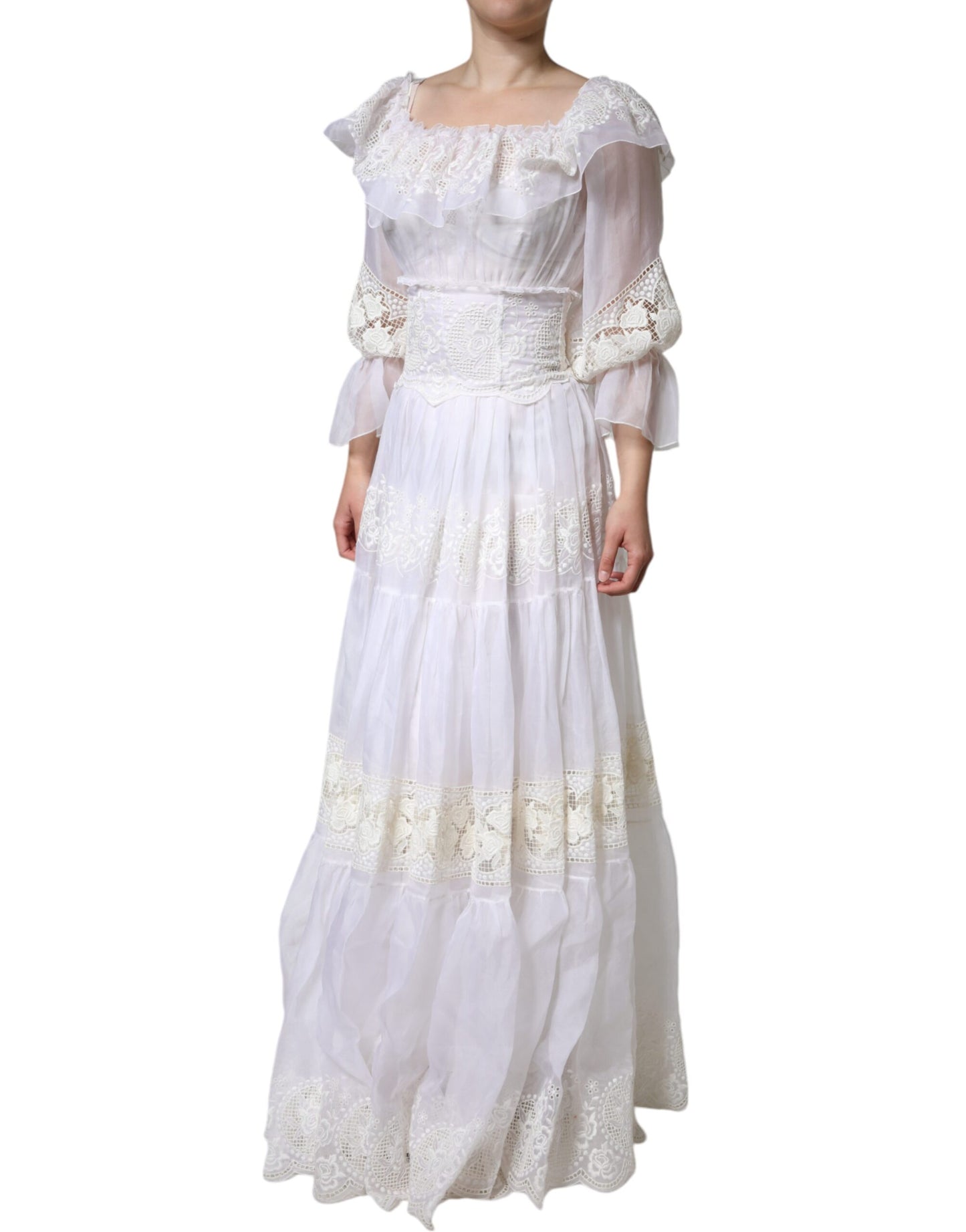 Dolce & Gabbana White Floral Lace Corset Cotton Maxi Dress IT40 | S