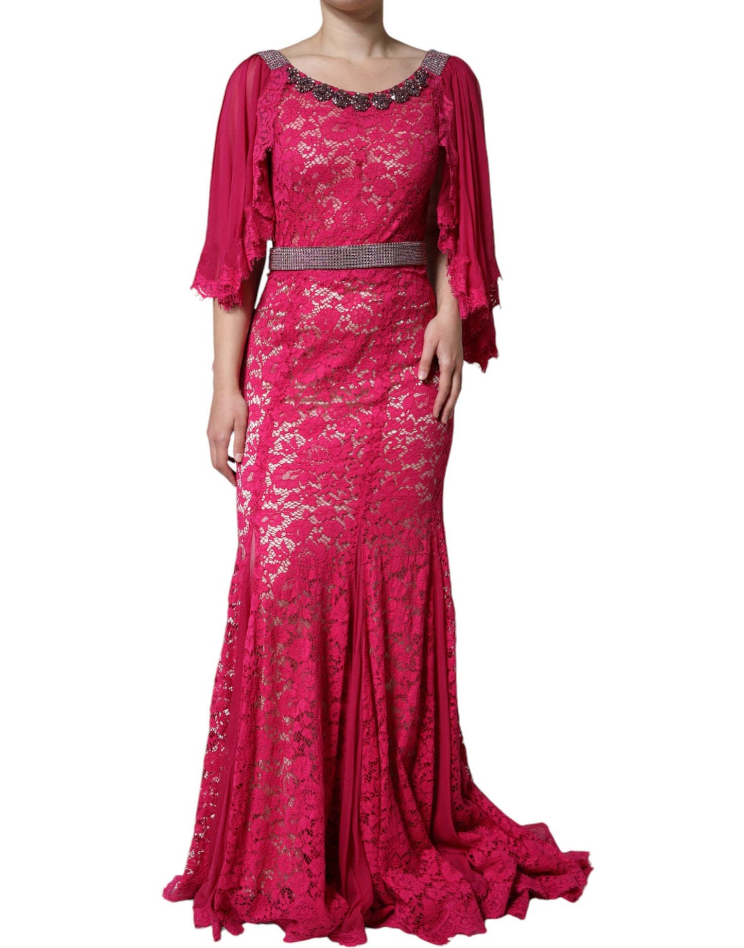 Dolce & Gabbana Pink Lace Crystal Sheath Long Gown Dress IT42 / M