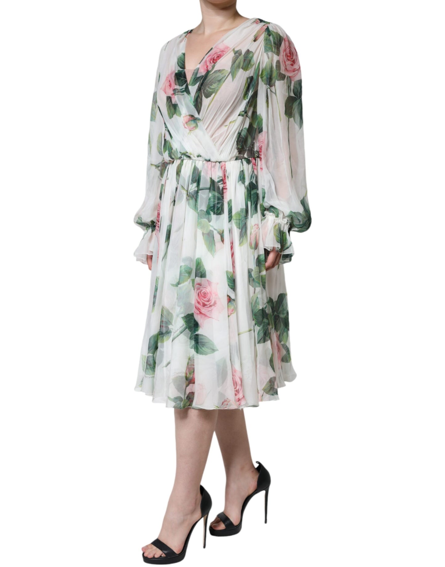 Dolce & Gabbana White Silk Floral Print A-line Midi Dress IT46 / XL