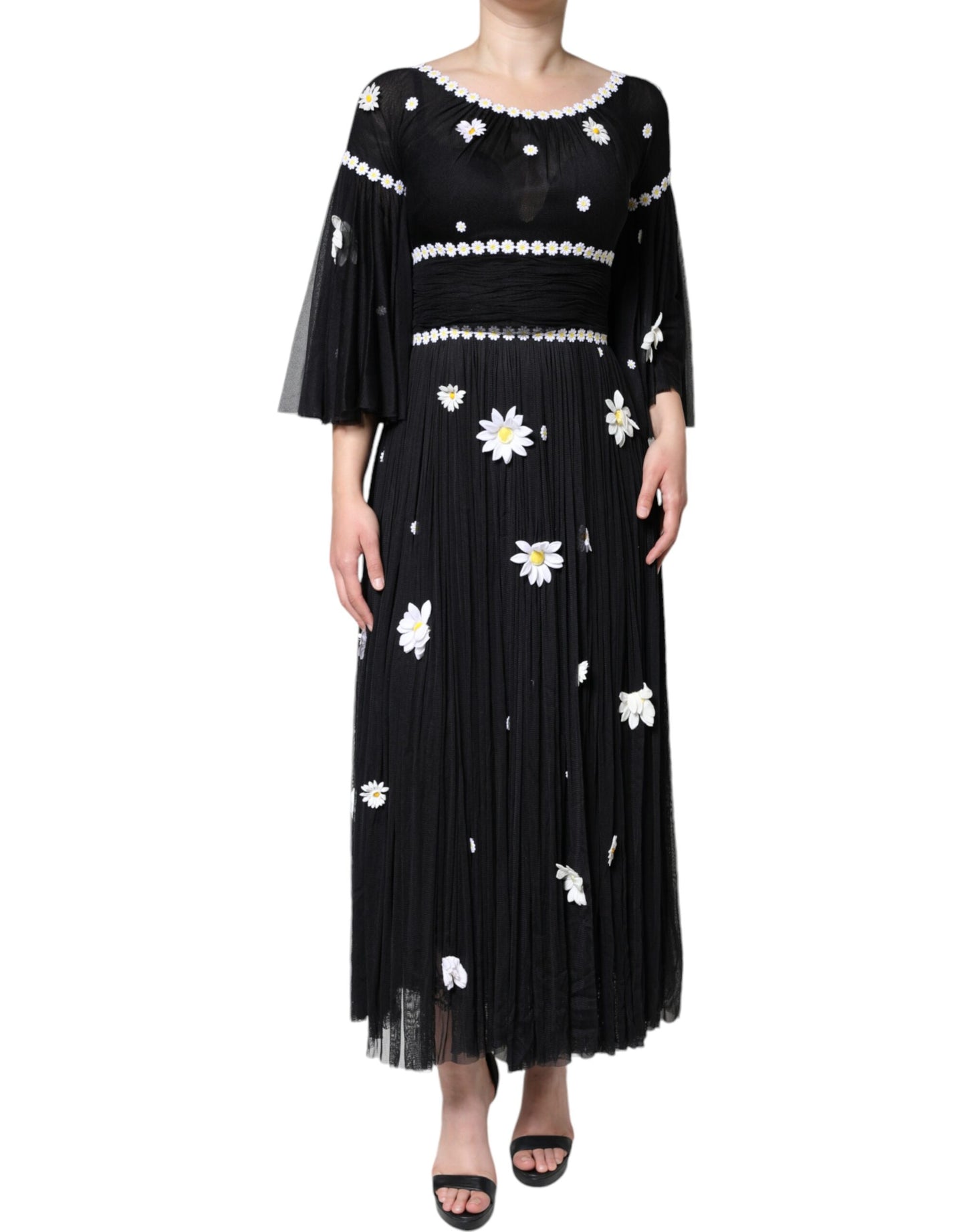 Dolce & Gabbana Black Silk Daisy A-line Long Maxi Dress IT40 / S