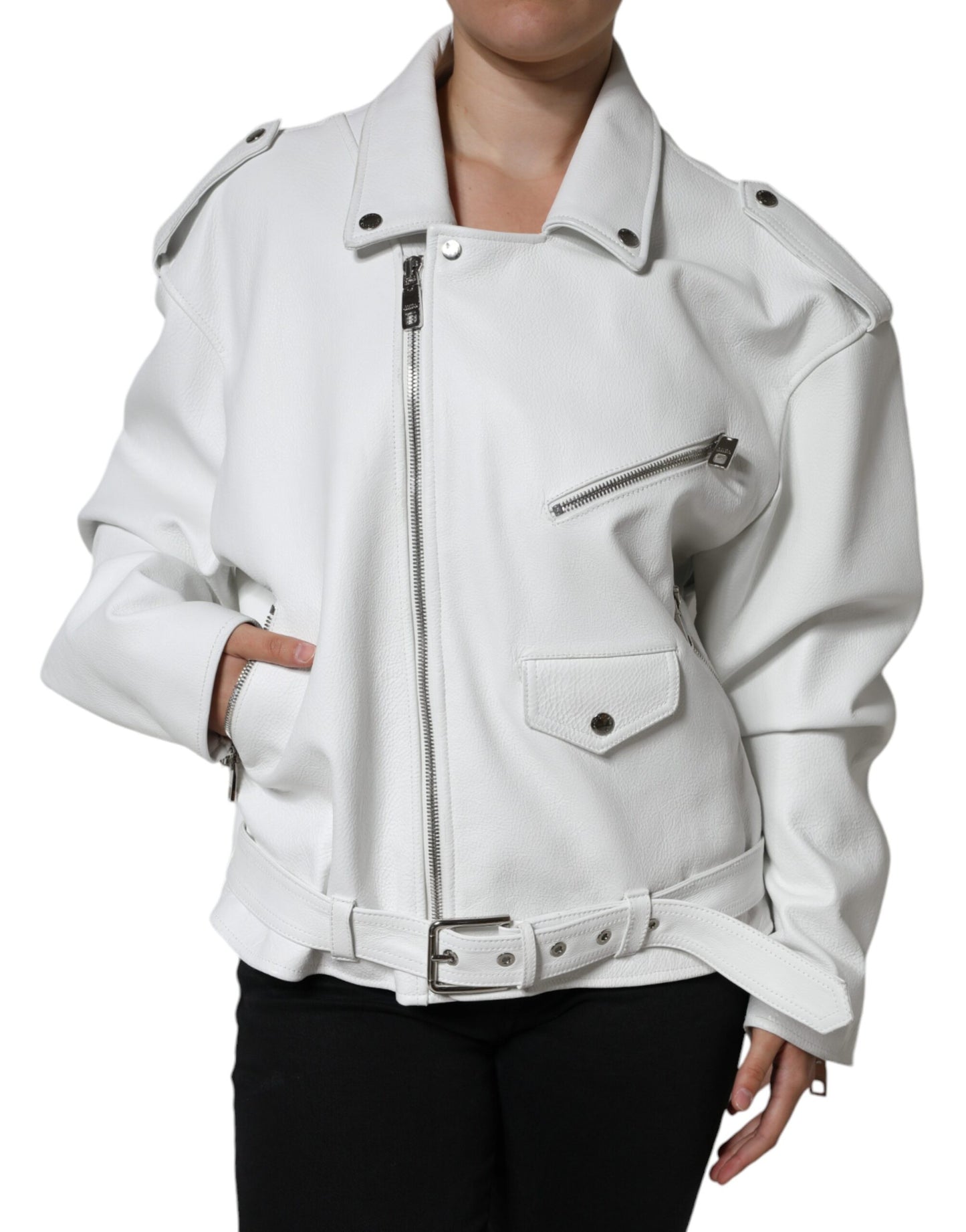 Dolce & Gabbana White Lambskin Leather Biker Coat Jacket IT40 | S