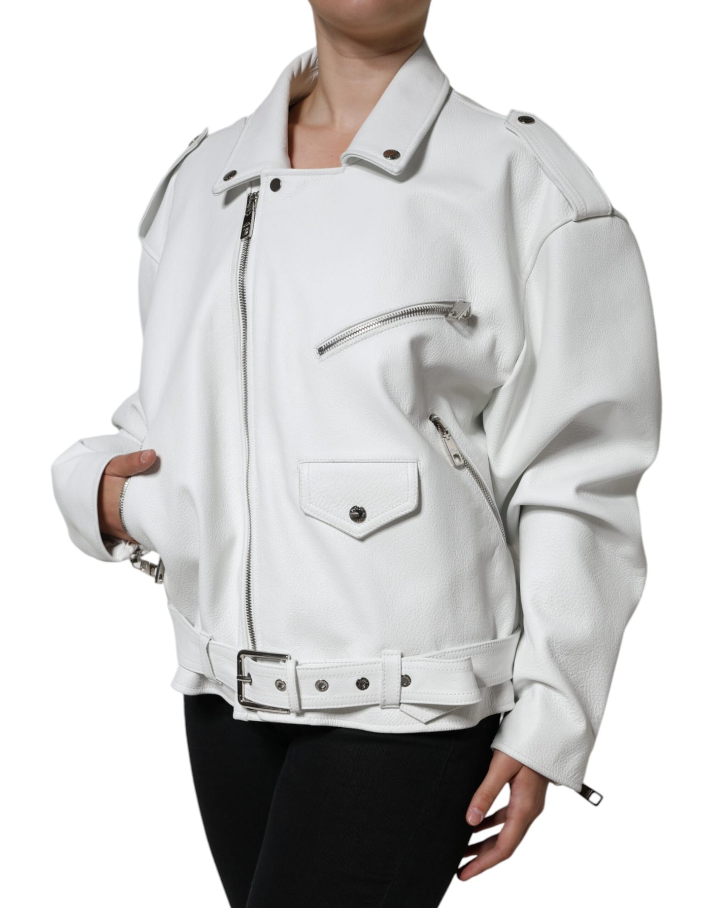 Dolce & Gabbana White Lambskin Leather Biker Coat Jacket IT40 | S