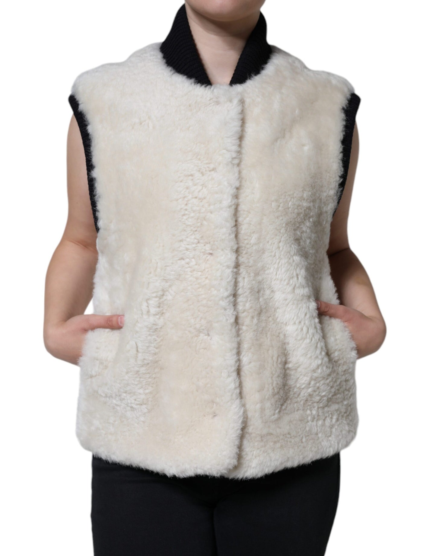 Burberry White WARRENFORD Shearling Leather Vest Coat Jacket IT44 | L