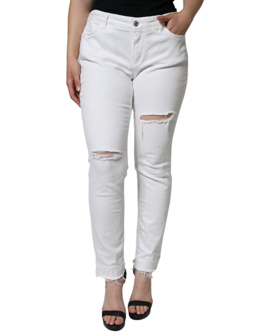 Dolce & Gabbana White Cotton Stretch Tattered Skinny Jeans IT48 / XXL